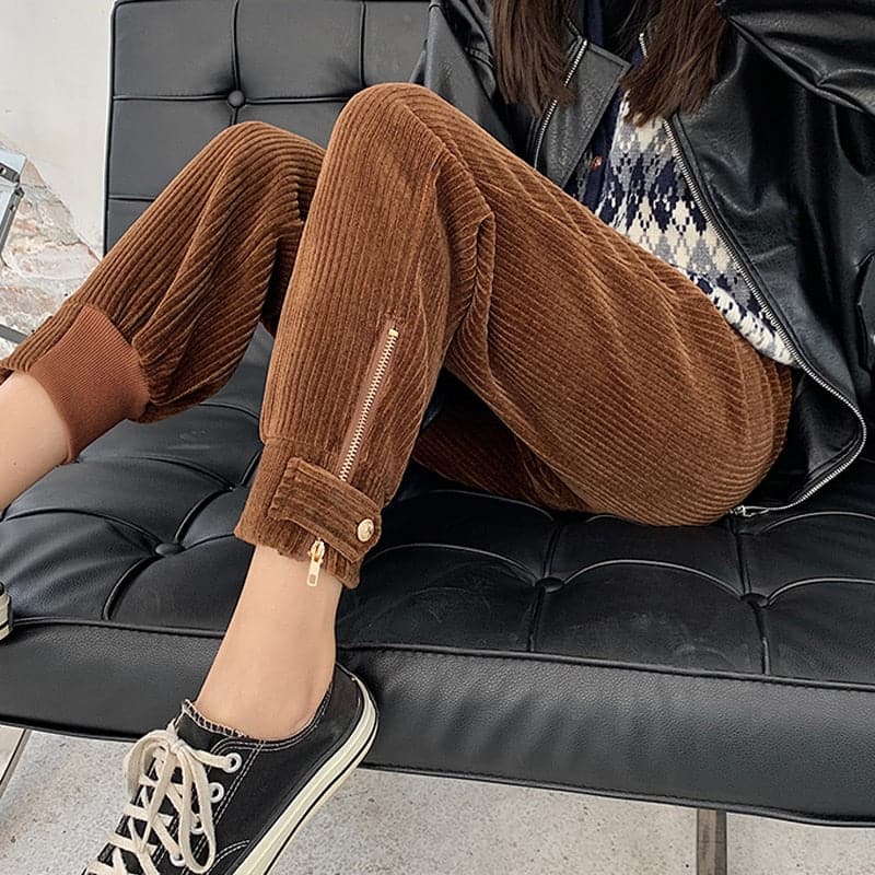 Winter Corduroy Pants Women Thick Warm Plus Size Fashion Zipper Elastic High Waist Pencil Pant Causal Loose Baggy Trousers