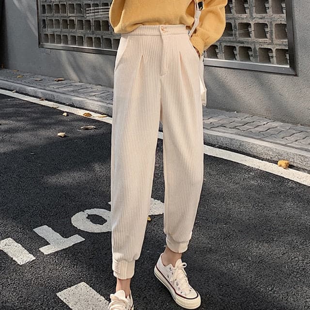 Winter Corduroy Pants Women Thick Warm Plus Size Fashion Zipper Elastic High Waist Pencil Pant Causal Loose Baggy Trousers