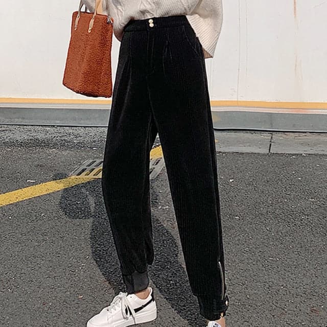 Winter Corduroy Pants Women Thick Warm Plus Size Fashion Zipper Elastic High Waist Pencil Pant Causal Loose Baggy Trousers