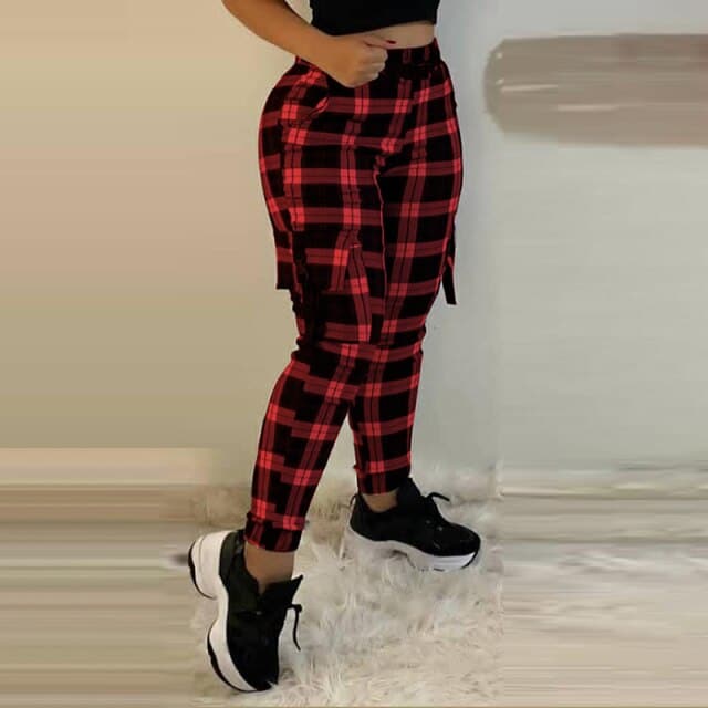 Women Fashion Casual Plaid Print Pants