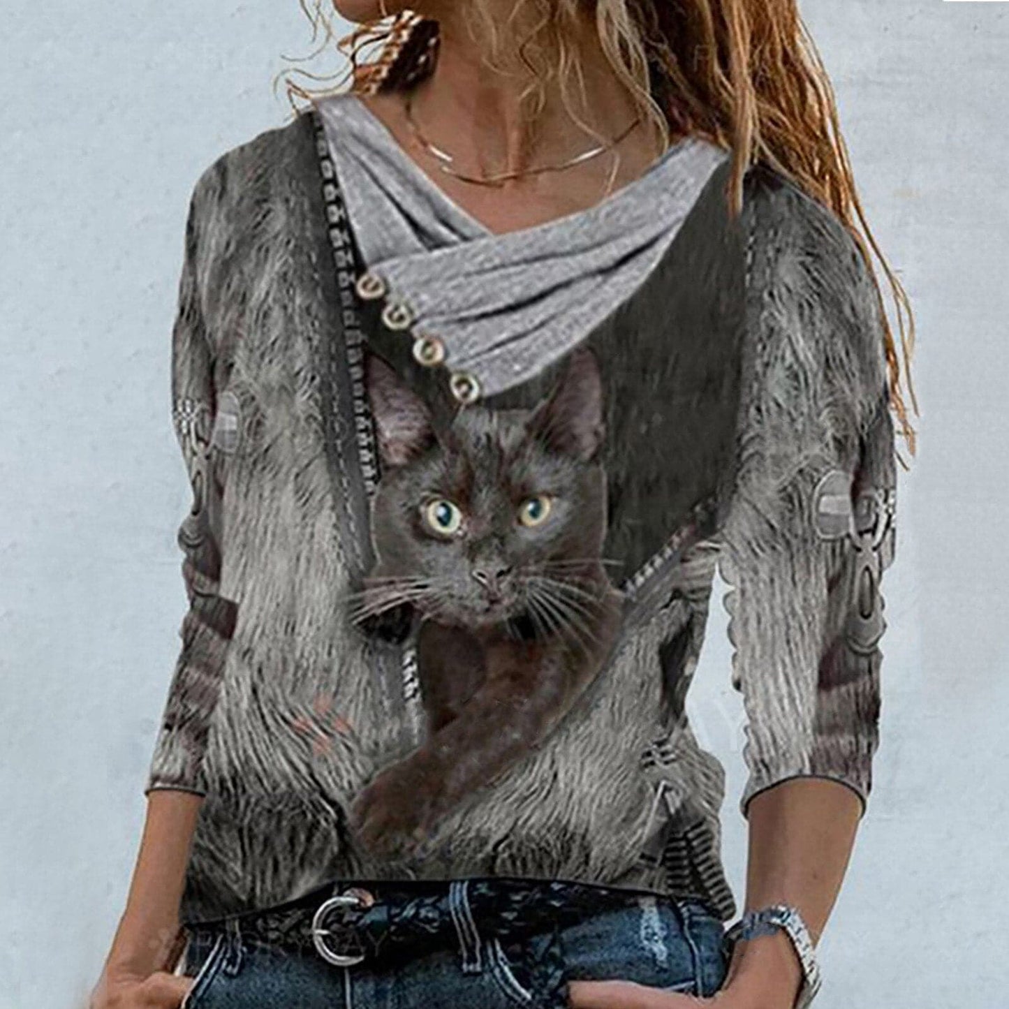 Women Tunic Vintage Casual Tops Cross V-neck Buttons Printing Long Sleeve Sweaters Top Summer Female T-shirt Female Clothing