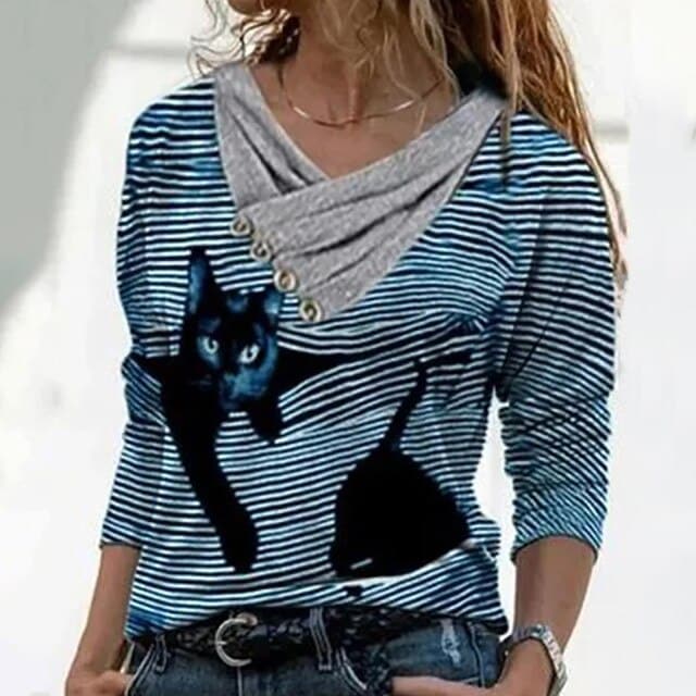 Women Tunic Vintage Casual Tops Cross V-neck Buttons Printing Long Sleeve Sweaters Top Summer Female T-shirt Female Clothing