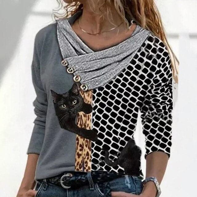 Women Tunic Vintage Casual Tops Cross V-neck Buttons Printing Long Sleeve Sweaters Top Summer Female T-shirt Female Clothing