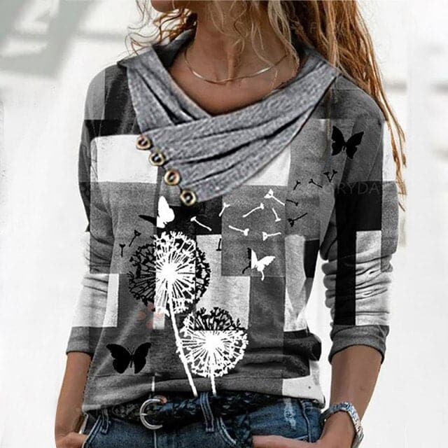 Women Tunic Vintage Casual Tops Cross V-neck Buttons Printing Long Sleeve Sweaters Top Summer Female T-shirt Female Clothing