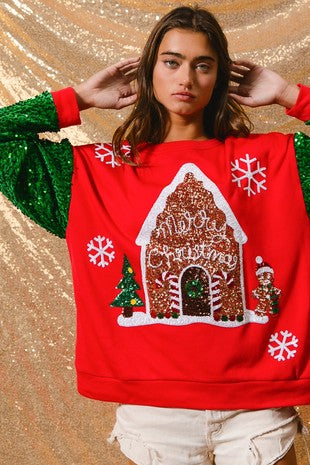 Women Clothing Sweet Sequ Sleeve Top Christmas Long Sleeved Sweatshirt Women