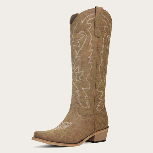 The Molly Wood – Distressed Tan Embroidered Tall Cowgirl Boots