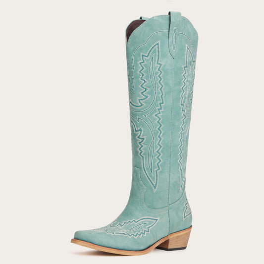 The Josie – Sage Green Tall Western Boots with White Embroidery