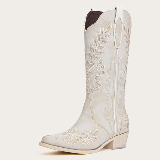 The Grace – Ivory Western Boots with Embroidered Floral and Rhinestone Accents