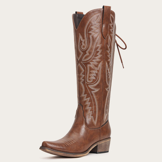 The Withersteen – Brown Tall Cowgirl Boots with Bold Embroidery and Lace-Up Back