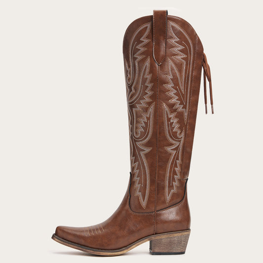 The Withersteen – Brown Tall Cowgirl Boots with Bold Embroidery and Lace-Up Back