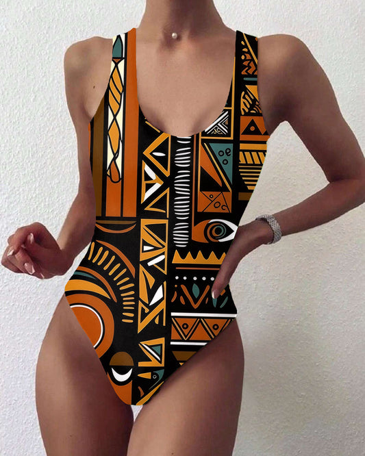 African Style Art Print Backless One Piece Swimsuit