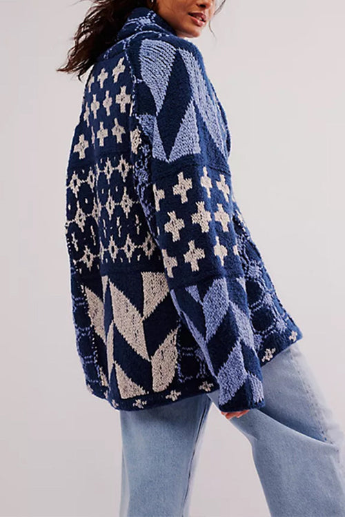 Button Down Drawstring Hem Geometric Pattern Sweater Cardigan