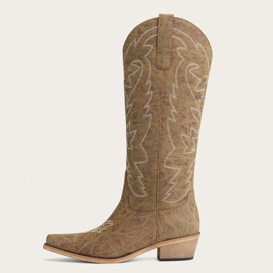 The Molly Wood – Distressed Tan Embroidered Tall Cowgirl Boots