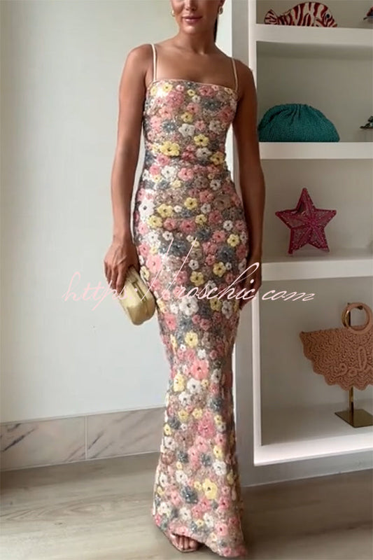 80's Inspired Floral Print Sequin Square Neck Slip Stretch Maxi Dress