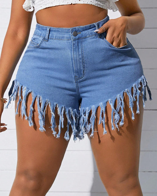 Western High Waist Denim Fringe Shorts