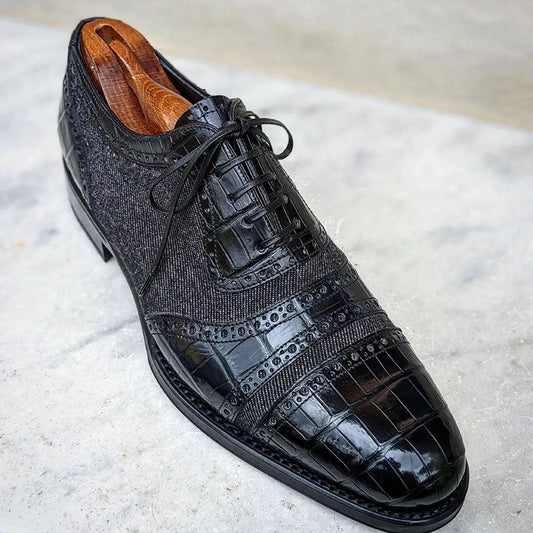 Black Brogue Style Fabric and Leather Splicing Men Dress Shoes