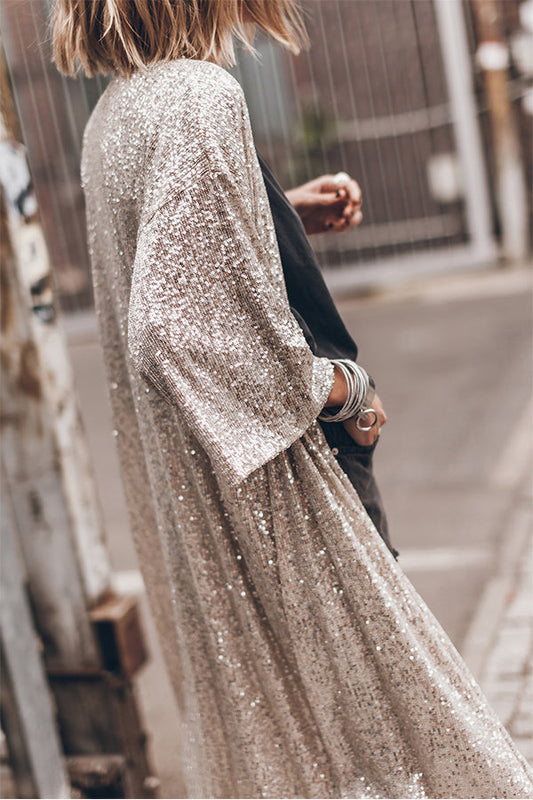 Apricot Sequin 3\/4 Sleeve Open Front Duster Cardigan