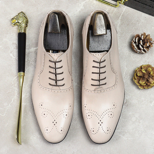 Newest Men's Beige White Leather Business Lace Up Casual Trendy Dress Shoes