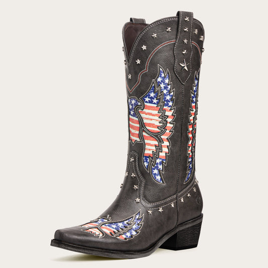 The Liberty – Grey Cowgirl Boots with 50 Stars & American Flag Eagle Embroidery