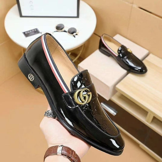 Bright Black Handmade Leather G Logo Men's Loafers-PD05202341103