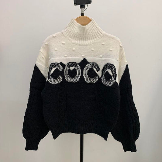 Black And White Letters Contrast Color Pullover Turtleneck High-end Custom Women's SweaterPD052023122805