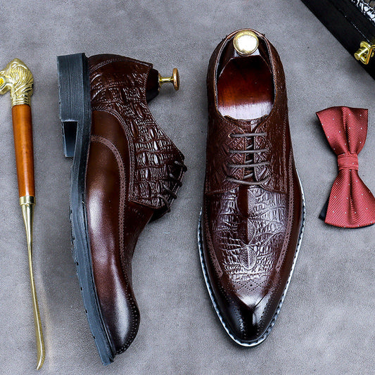 Vintage Embossed Pattern Men's Leather Lace Up Casual Trendy Dress Shoes