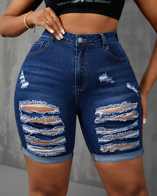 Western High Waist Tear Hole Denim Shorts