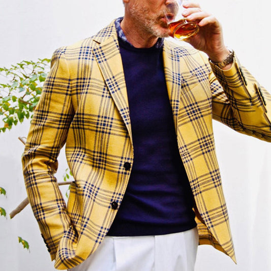 Slim Fit Plaid Lapel Long Sleeve Men Blazer