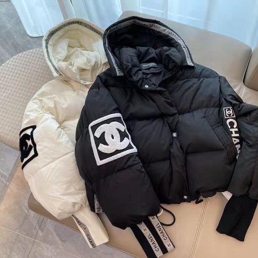White and Black C Logo Women's Down JacketPD052023111401
