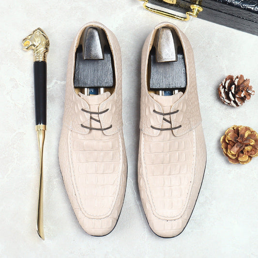 Men's Beige White Leather Crocodile Business Lace Up Casual Trendy Dress Shoes