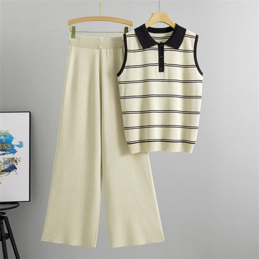 Apricot - Lapelless Knitted Sleeveless Vest Two Piece Set