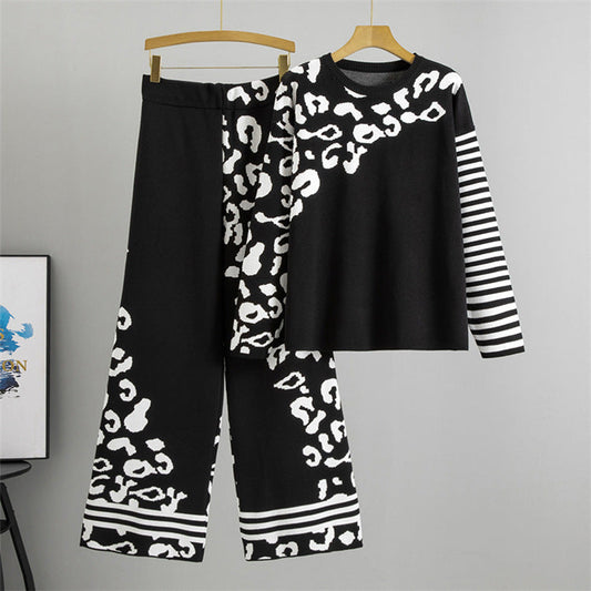Black - Loose Leopard Print Sweater Two Piece Set