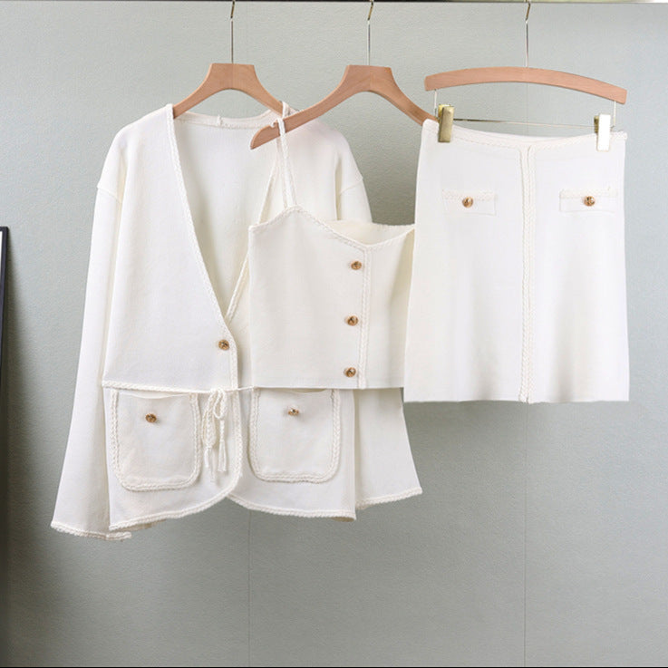 White – Knit Long Sleeve Cardigan Three Piece Set