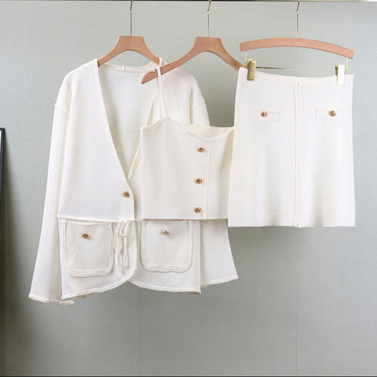 White – Knit Long Sleeve Cardigan Three Piece Set