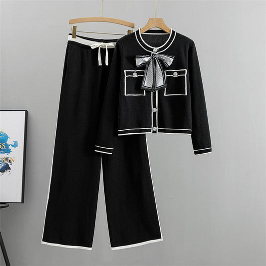 Black - Elegant Knitted Cardigan Two Piece Set