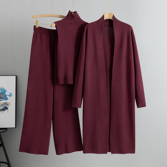 Wine Red Elegant Knit Vest Three Piece Set