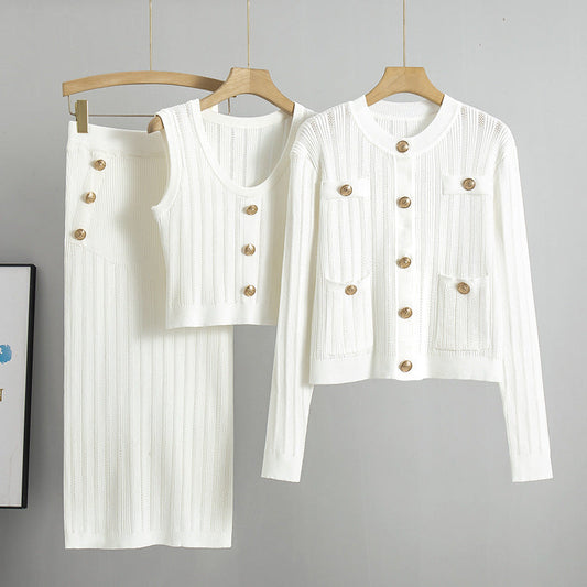 White – Cardigan Sweater Vest Three Piece Set