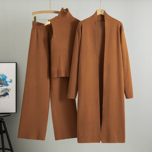 Caramel Elegant Knit Vest Three Piece Set
