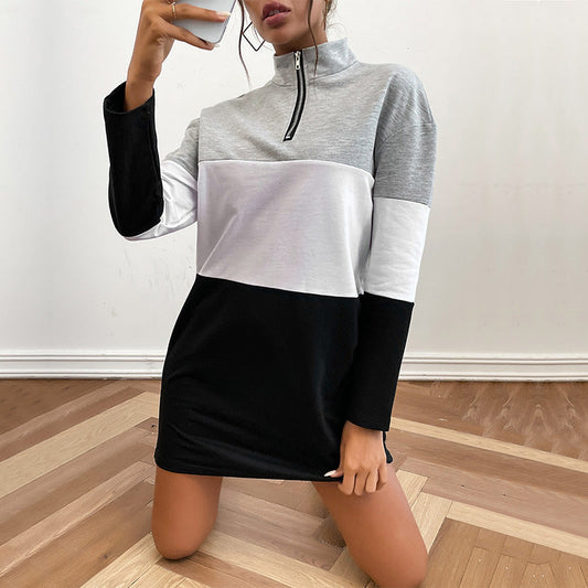 Autumn Women Wear Long Sleeve Contrast Color Sweatshirt Dress