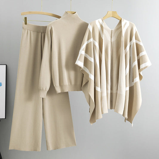 Apricot – Knit Sweater Shawl Three Piece Set