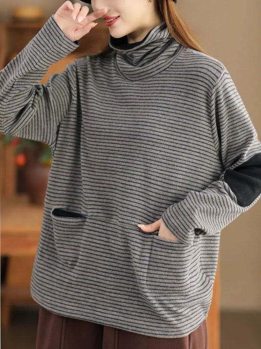 Women Stripe Turtleneck Sweatshirt