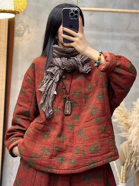 Women Flower Cotton Padded Sweatshirt