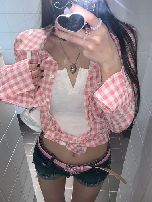Y2k Pink Plaid Women Shirts Check Graphic Long Sleeve Blouses Female Spring Autumn Sexy Slim Button Up Cardigan Chic Ins