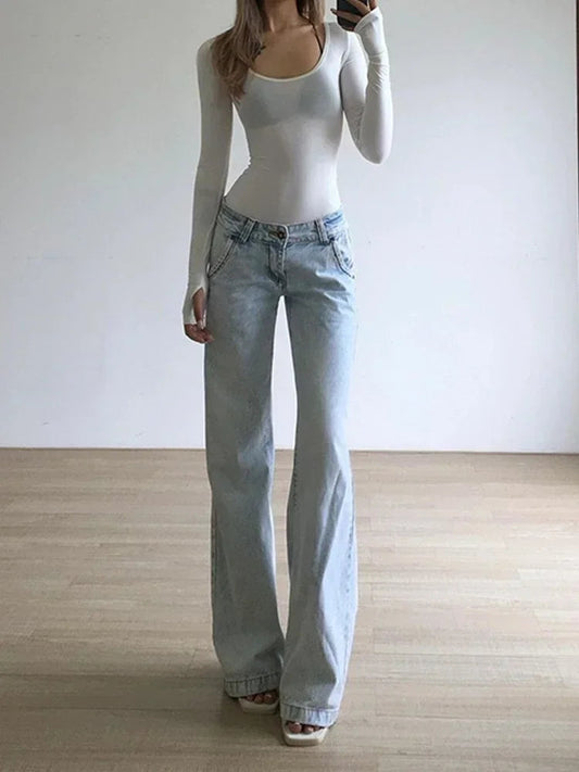 2000s Light Blue Low Waist Jeans New Woman Streetwear American Vintage Denim Pants Female Casual Washed Straight Pantalons Mujer