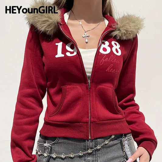 Y2K Fur Trim Hooded Sweatshirt Red Letter Print Zipper Coat with Pocket Women Streetwear Winter 90s Outwear Vintage