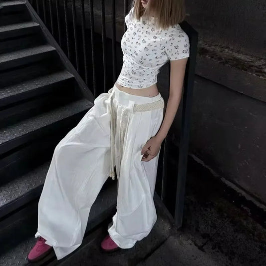American Retro Pleated Draping Casual White Pants Women Autumn New Streetwear Loose Allmatch Wide Leg Pants with Belt