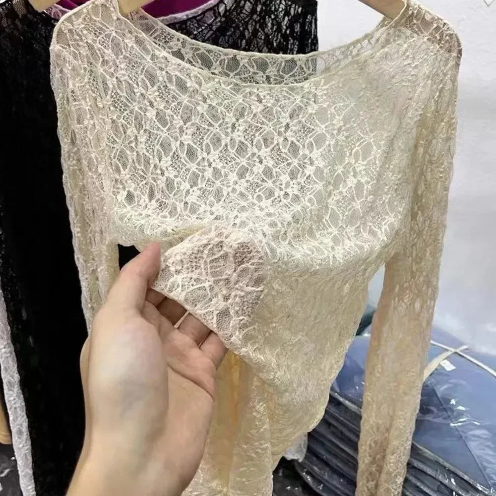 Women Lace Mesh High Collar Bottom T-shirts Female Long Sleeve Autumn Casual Style Tight Thin Tops T-shirts Women Clothes