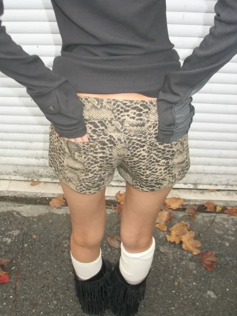 2000s Vintage Y2k Pants Lowwaisted Lace Up Ropa Mujer Summer New Aline Wide Leg American Vintage Washed Leopard Print Shorts