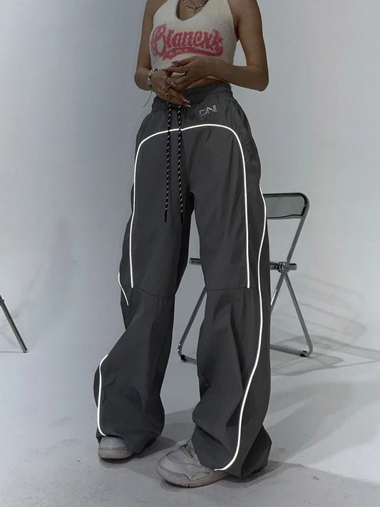 Women's Palazzo Pants Streetwear Fashion Reflective Stripe Jogger Wide Leg Trousers Y2k Baggy Sweatpants Female Pantalon