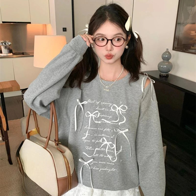 Sweatshirt Women Bow Hollow Out O Neck Long Sleeve Letter Printed Loose Thin Pullover Autumn New Sweet Female Hoodies